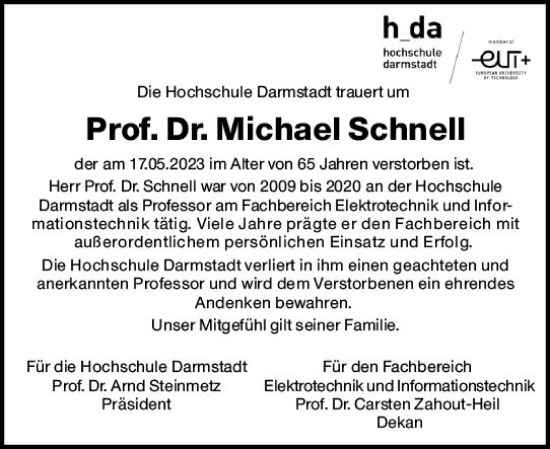Traueranzeige von Michael Schnell von Darmstädter Echo