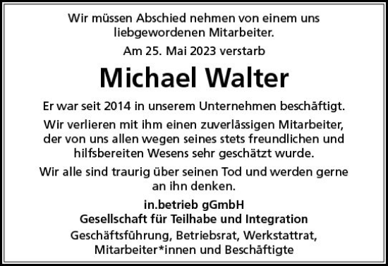 Traueranzeige von Michael Walter von Allgemeine Zeitung Mainz