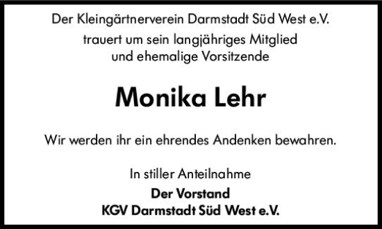 Traueranzeige von Monika Lehr von Darmstädter Echo