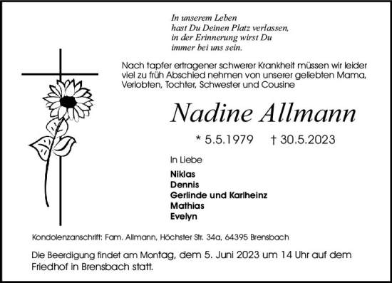 Traueranzeige von Nadine Allmann von Odenwälder Echo