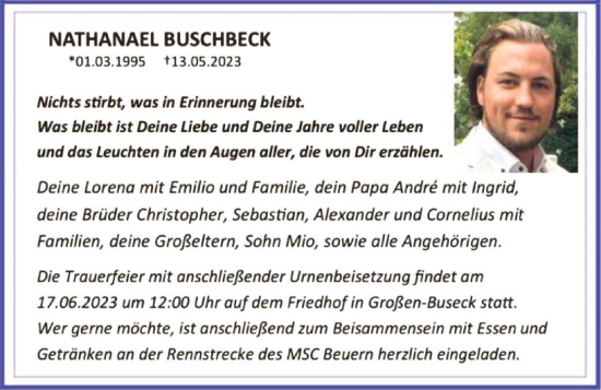 Traueranzeige von Nathanael Buschbeck von Wetzlarer Neue Zeitung