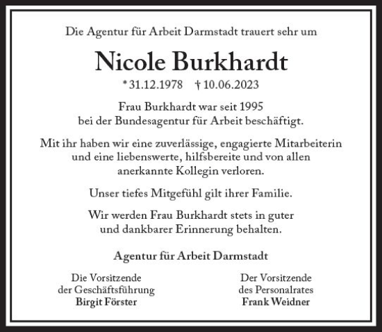 Traueranzeige von Nicole Burkhardt von Darmstädter Echo