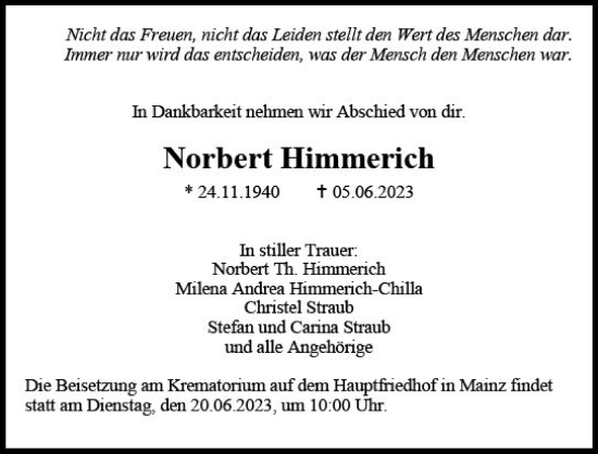 Traueranzeige von Norbert Himmerich von Allgemeine Zeitung Mainz