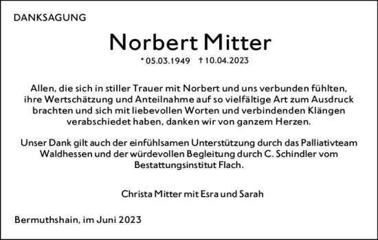 Traueranzeige von Norbert Mitter von Oberhessen Kurier