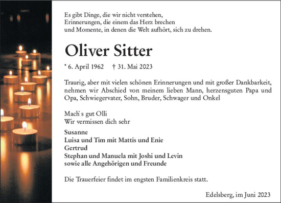 Traueranzeige von Oliver Sitter von Weilburger Tageblatt