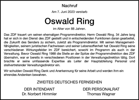 Traueranzeige von Oswald Ring von Allgemeine Zeitung Mainz