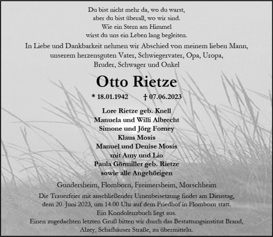 Traueranzeige von Otto Rietze von Allgemeine Zeitung Alzey