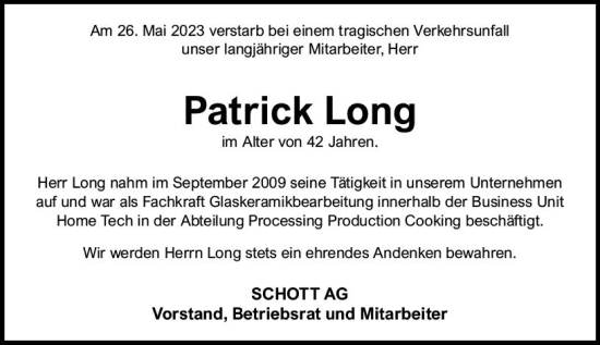 Traueranzeige von Patrick Long von Allgemeine Zeitung Mainz