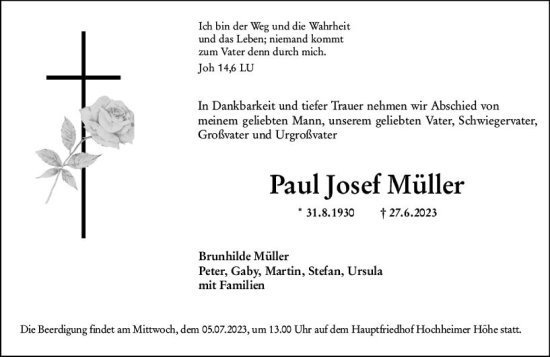 Traueranzeige von Paul Josef Müller von Wormser Zeitung