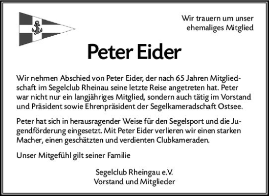 Traueranzeige von Peter Eider von Wiesbadener Kurier