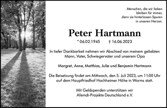 Traueranzeige von Peter Hartmann von Wormser Zeitung