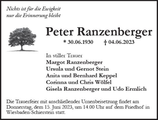 Traueranzeige von Peter Ranzenberger von Wiesbadener Kurier