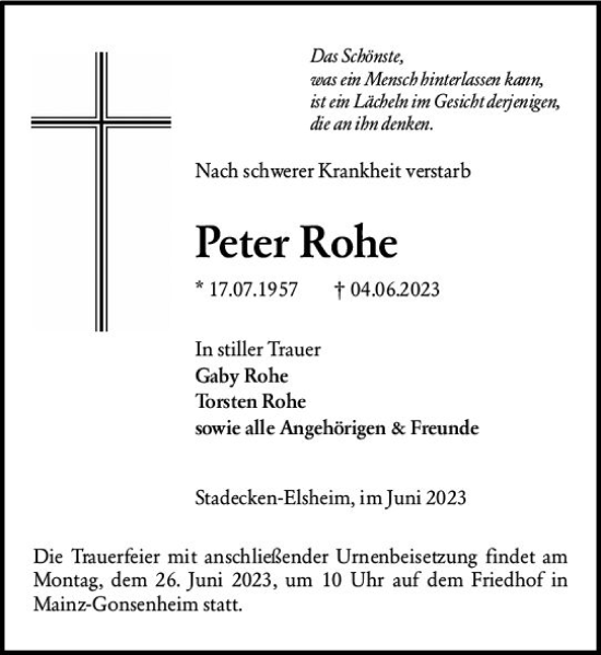 Traueranzeige von Peter Rohe von Allgemeine Zeitung Mainz