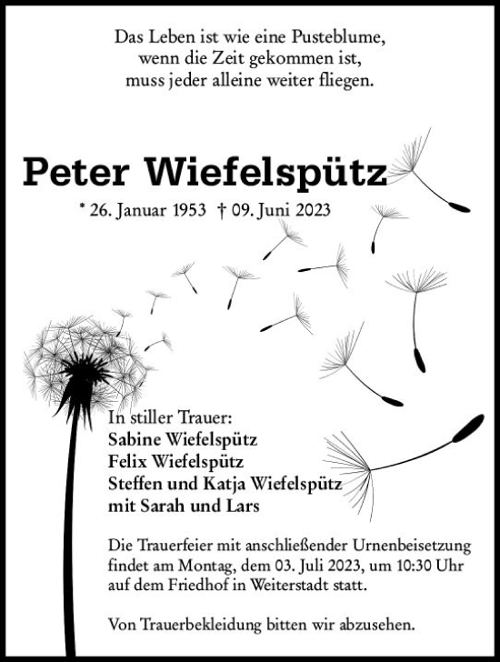 Traueranzeige von Peter Wiefelspütz von Rüsselsheimer Echo