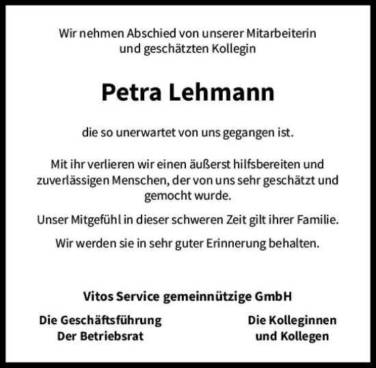 Traueranzeige von Petra Lehmann von Dill Block