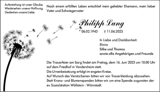 Traueranzeige von Philipp Lang von Allgemeine Zeitung Alzey