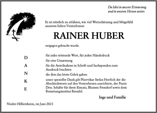 Traueranzeige von Rainer Huber von Allgemeine Zeitung Bingen/Ingelheim