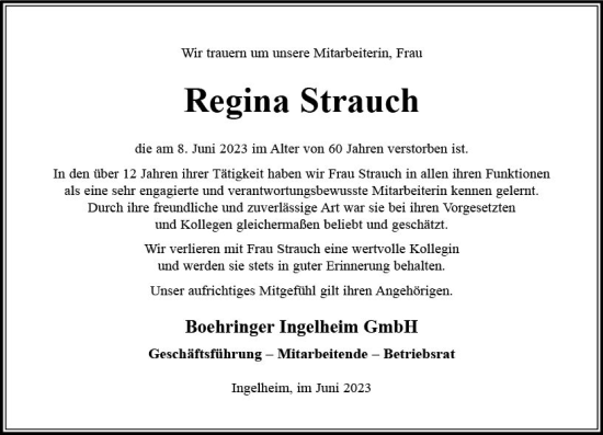 Traueranzeige von Regina Strauch von Allgemeine Zeitung Mainz