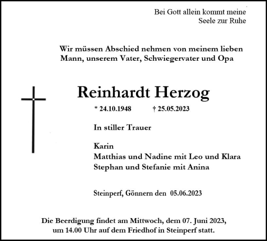 Traueranzeige von Reinhardt Herzog von Hinterländer Anzeiger
