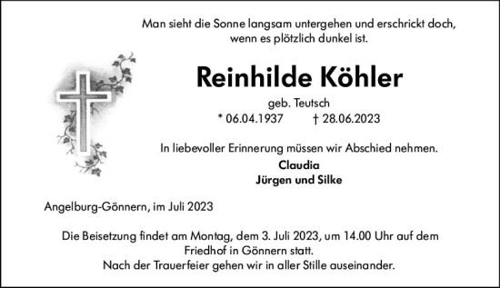 Traueranzeige von Reinhilde Köhler von Hinterländer Anzeiger