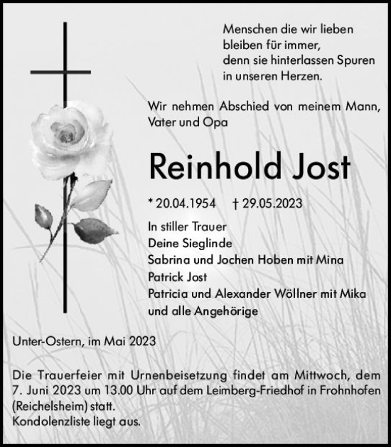 Traueranzeige von Reinhold Jost von Odenwälder Echo