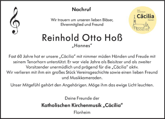 Traueranzeige von Reinhold Otto Hoß von Allgemeine Zeitung Alzey