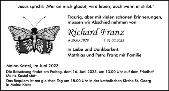 Traueranzeige von Richard Franz von Allgemeine Zeitung Mainz
