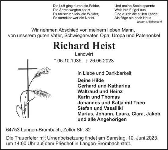 Traueranzeige von Richard Heist von Odenwälder Echo