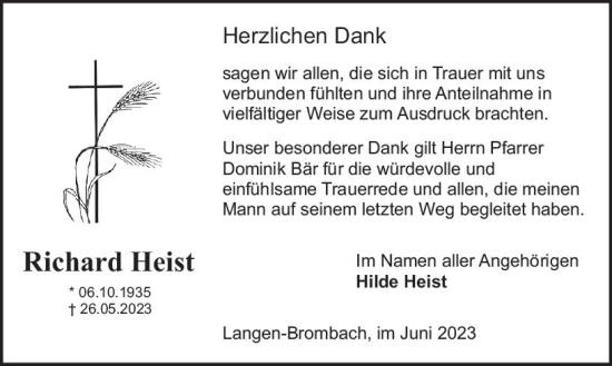 Traueranzeige von Richard Heist von Odenwälder Echo
