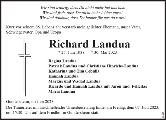 Traueranzeige von Richard Landua von Wormser Zeitung