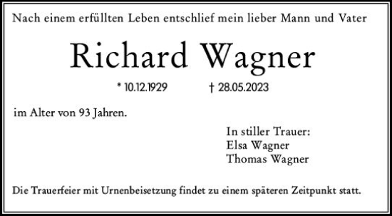 Traueranzeige von Richard Wagner von Wiesbadener Kurier