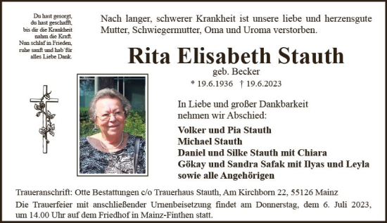 Traueranzeige von Rita Elisabeth Stauth von Allgemeine Zeitung Mainz Traueranzeige von Rita Elisabeth Stauth von Allgemeine Zeitung Mainz