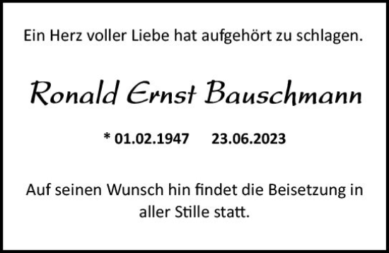 Traueranzeige von Roland Ernst Bauschmann von Wiesbadener Kurier