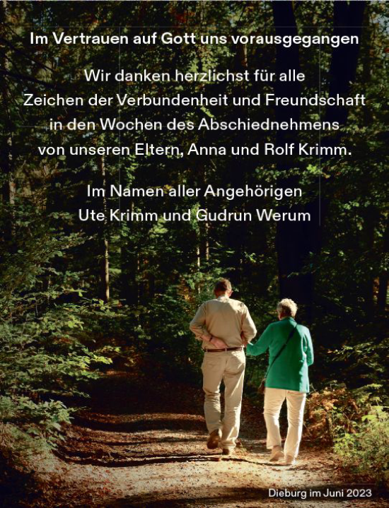 Traueranzeige von Rolf Krimm von Dieburger Anzeiger/Groß-Zimmerner Lokal-Anzeiger