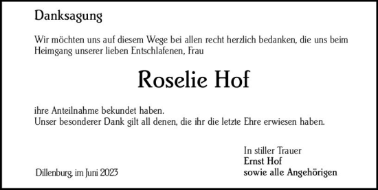 Traueranzeige von Roselie Hof von Dill Block