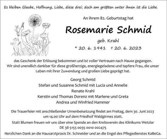 Traueranzeige von Rosemarie Schmid von Wetzlarer Neue Zeitung