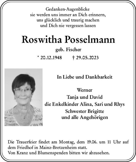 Traueranzeige von Roswitha Posselmann von Allgemeine Zeitung Mainz Traueranzeige von Roswitha Posselmann von Allgemeine Zeitung Mainz