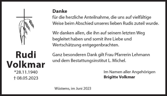 Traueranzeige von Rudi Volkmar von Camberger Anzeiger
