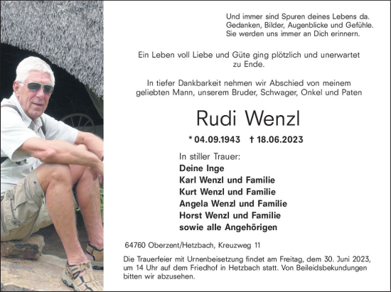 Traueranzeige von Rudi Wenzl von Odenwälder Echo