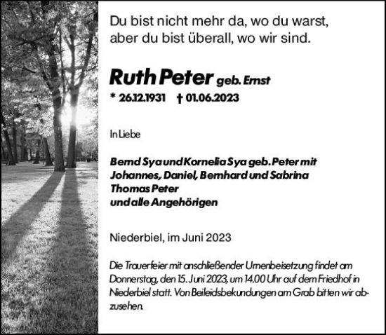 Traueranzeige von Ruth Peter von Dill Block