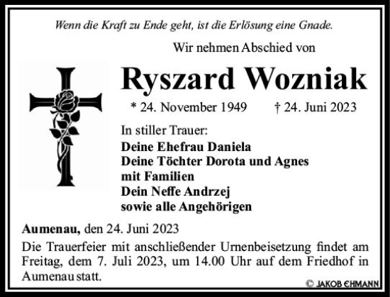 Traueranzeige von Ryszard Wozniak von Weilburger Tageblatt