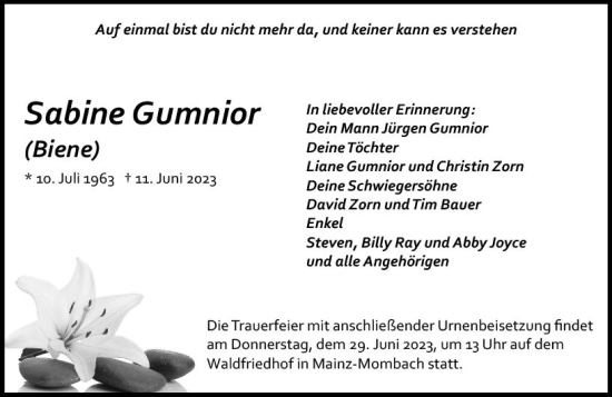 Traueranzeige von Sabine Gumnior von Allgemeine Zeitung Mainz