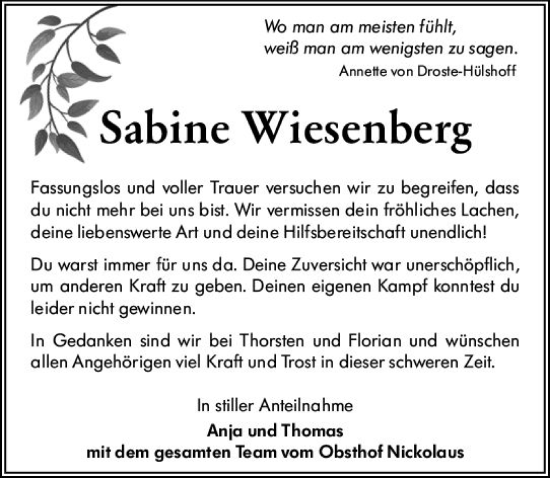 Traueranzeige von Sabine Wiesenberg von Allgemeine Zeitung Mainz