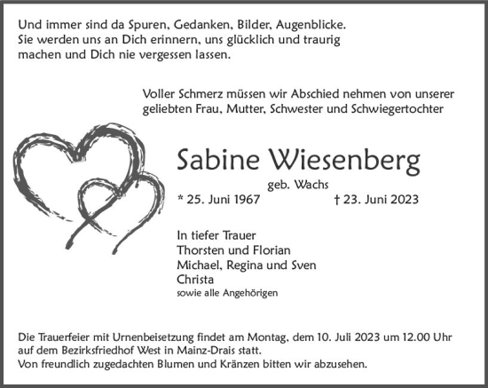 Traueranzeige von Sabine Wiesenberg von Allgemeine Zeitung Mainz