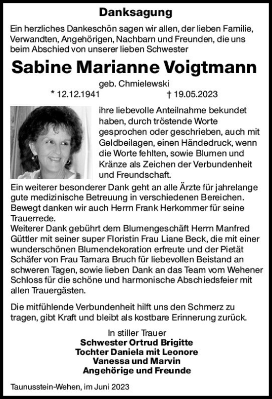 Traueranzeige von Sabine Marianne Voigtmann von Wiesbadener Kurier