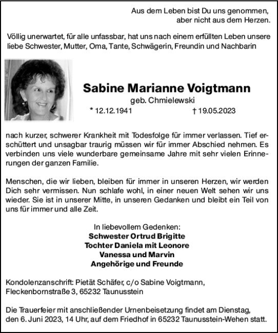 Traueranzeige von Sabine Marianne Voigtmann von Wiesbadener Kurier