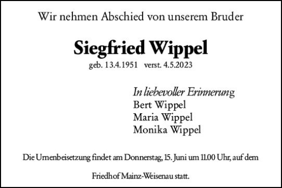 Traueranzeige von Siegfried Wippel von Allgemeine Zeitung Mainz