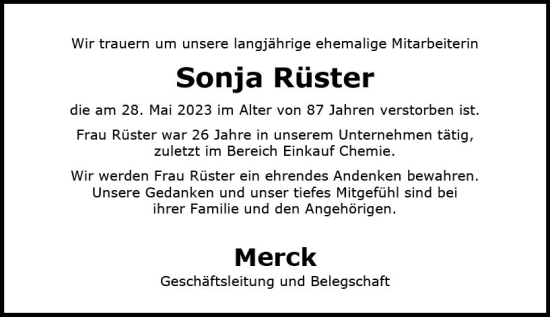Traueranzeige von Sonja Rüster von Darmstädter Echo