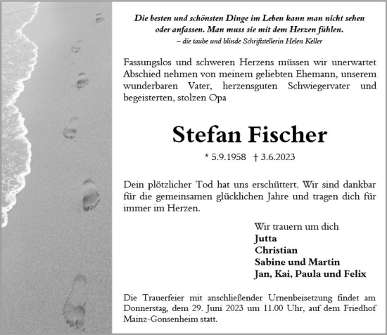 Traueranzeige von Stefan Fischer von Allgemeine Zeitung Mainz
