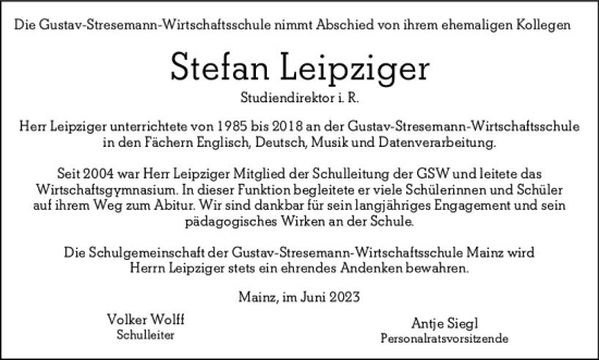 Traueranzeige von Stefan Leipziger von Allgemeine Zeitung Mainz